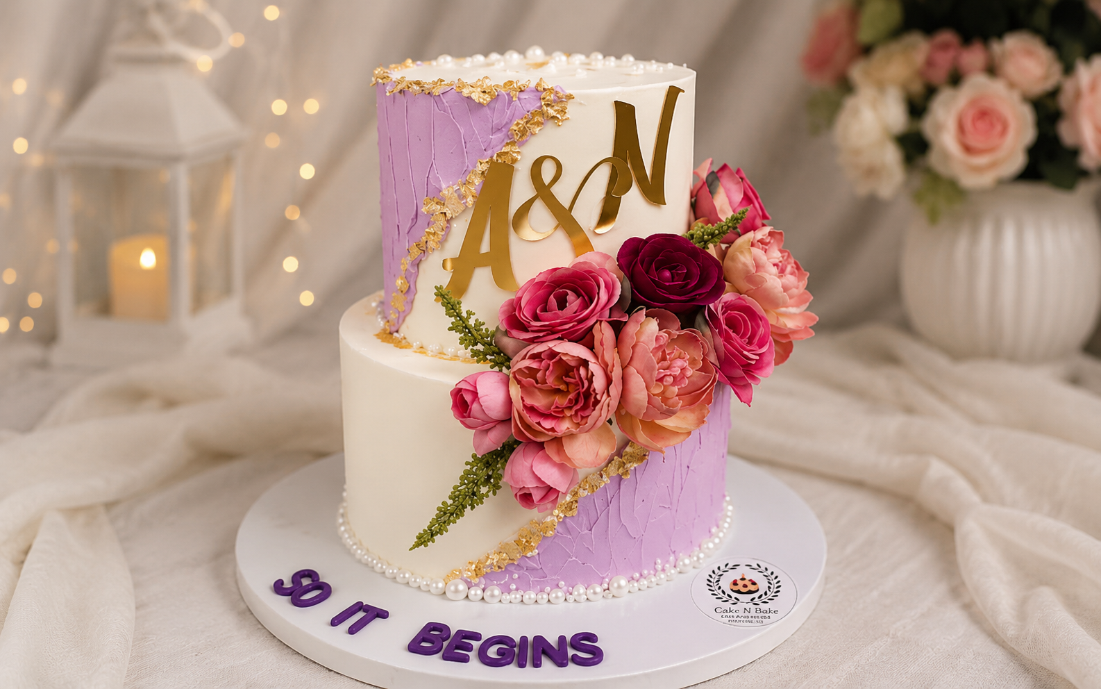 Elegant pink floral multi-tier wedding cake in Ayodhya